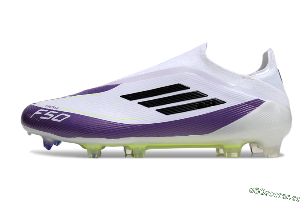 Men's Messi x Adidas F50 Elite Laceless FG Firm Ground Low-Tops Football Boots - White/Black/Purple 0