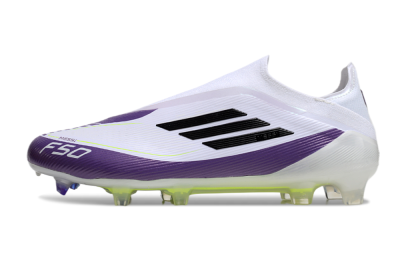 Men's Messi x Adidas F50 Elite Laceless FG Firm Ground Low-Tops Football Boots - White/Black/Purple