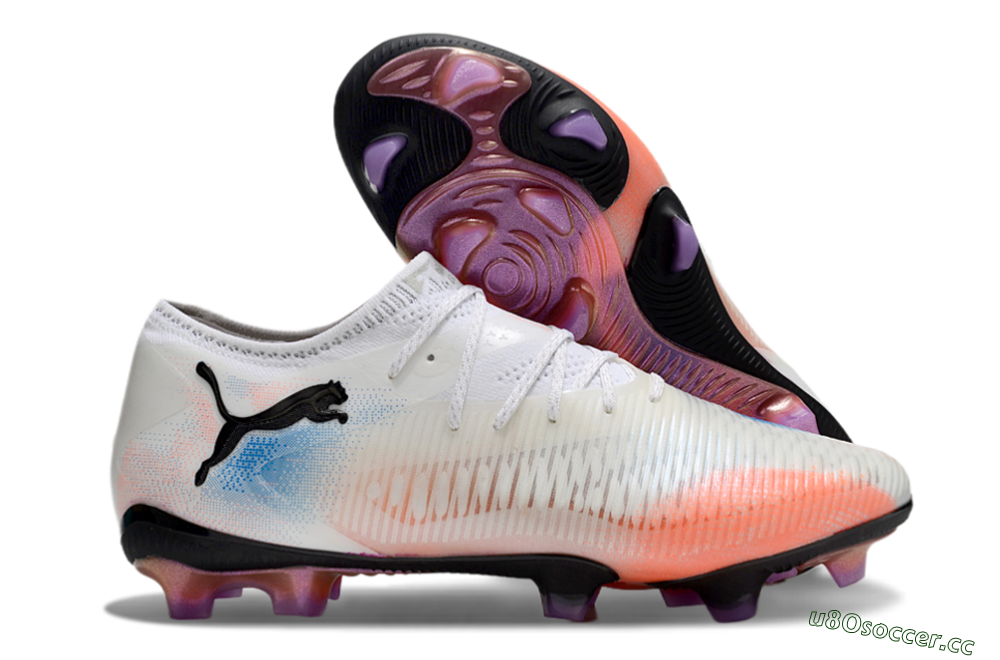 Men's Puma Future 8 Ultimate FG Firm Ground Low-Tops Football Boots - White/Pink/Blue 2