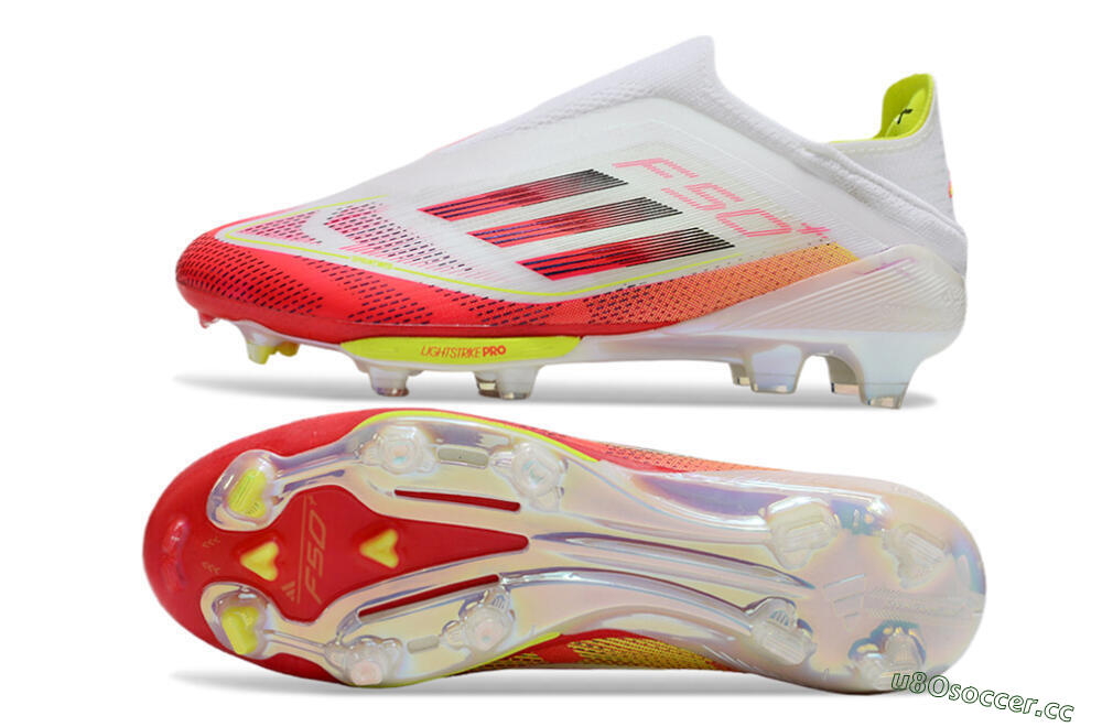 Unisex Adidas F50+ Elite Lightstrike Pro Laceless FG Firm Ground Low-Tops Football Boots - White/Red/Yellow 1
