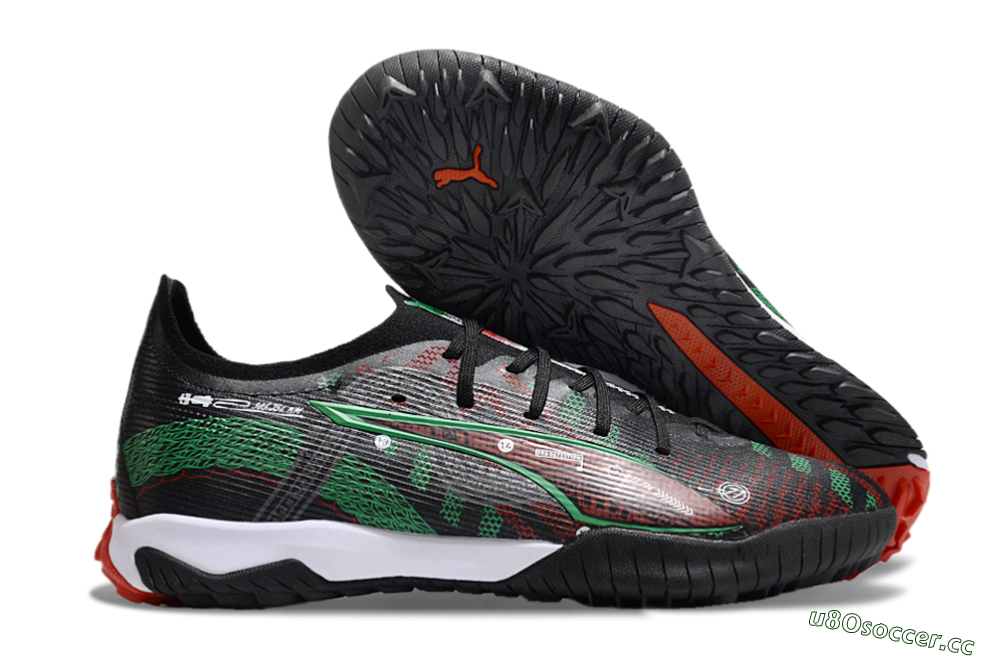 Men's Puma Ultra Ultimate TF Artificial Turf Low-Tops Football Shoes - Black/Red/Green 2
