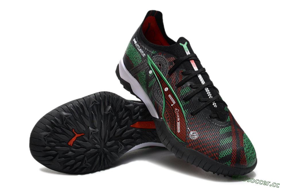 Men's Puma Ultra Ultimate TF Artificial Turf Low-Tops Football Shoes - Black/Red/Green 3