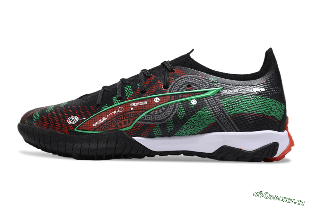 Men's Puma Ultra Ultimate TF Artificial Turf Low-Tops Football Shoes - Black/Red/Green 0