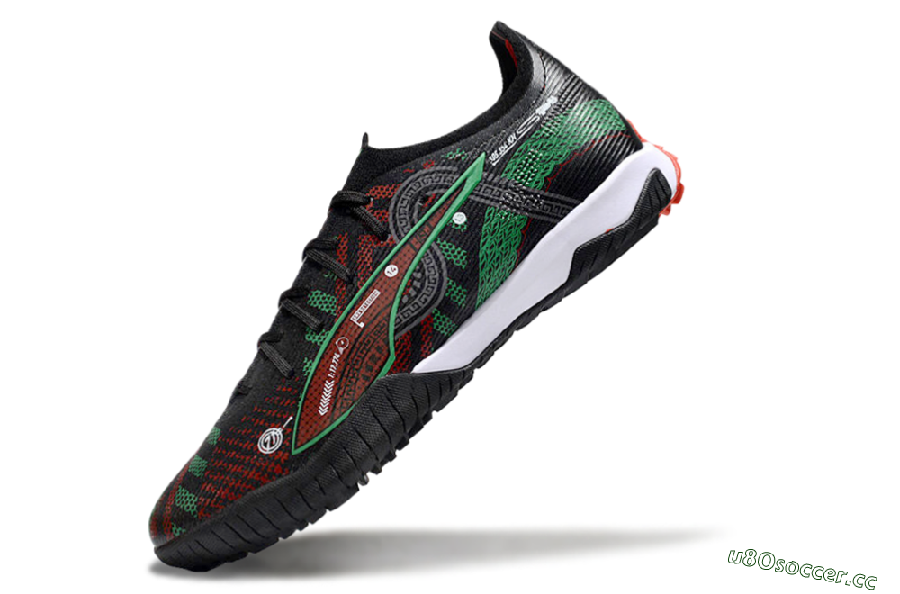 Men's Puma Ultra Ultimate TF Artificial Turf Low-Tops Football Shoes - Black/Red/Green 5