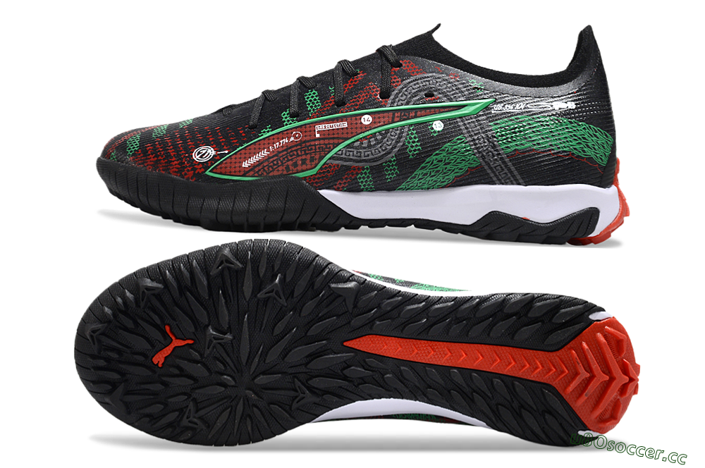 Men's Puma Ultra Ultimate TF Artificial Turf Low-Tops Football Shoes - Black/Red/Green 1