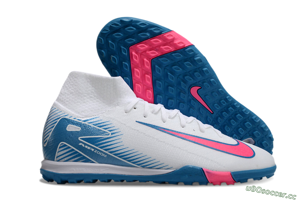 Men's Nike Air Zoom Mercurial Superfly 10 Elite TF Artificial Turf High-Tops Football Shoes - White/Pink/Blue 2