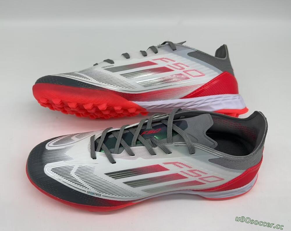 Men's Adidas F50 Pro TF Artificial Turf Low-Tops Football Shoes - White/Silver/Red