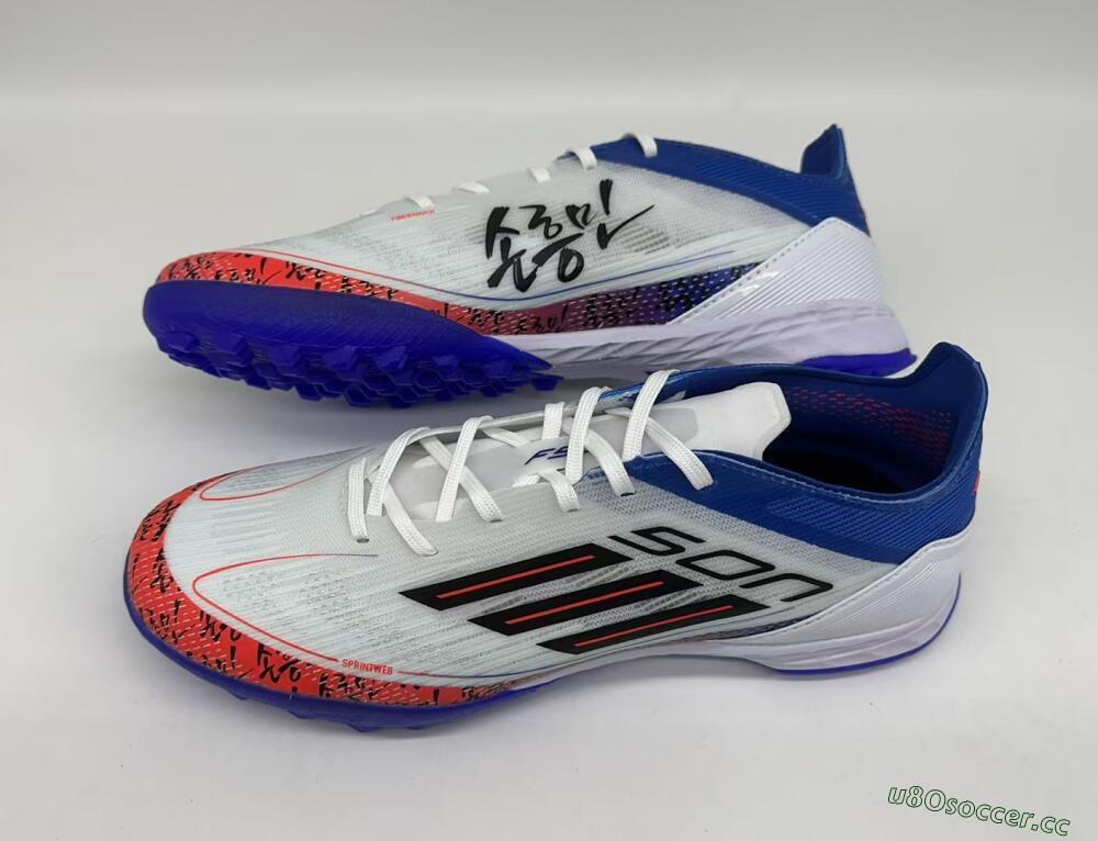 Men's Adidas F50 Pro TF Artificial Turf Low-Tops Football Shoes - White/Red/Blue