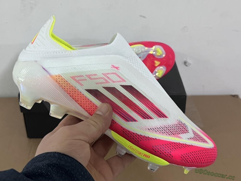 Unisex Adidas F50+ Elite Lightstrike Pro Laceless FG Firm Ground Low-Tops Football Boots - White/Red/Yellow