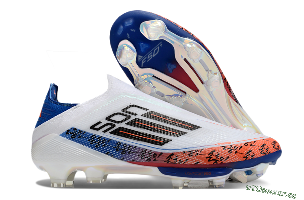 Men's Adidas F50 Elite Lightstrike Pro Laceless FG Firm Ground Low-Tops Football Boots - White/Orange/Blue 2