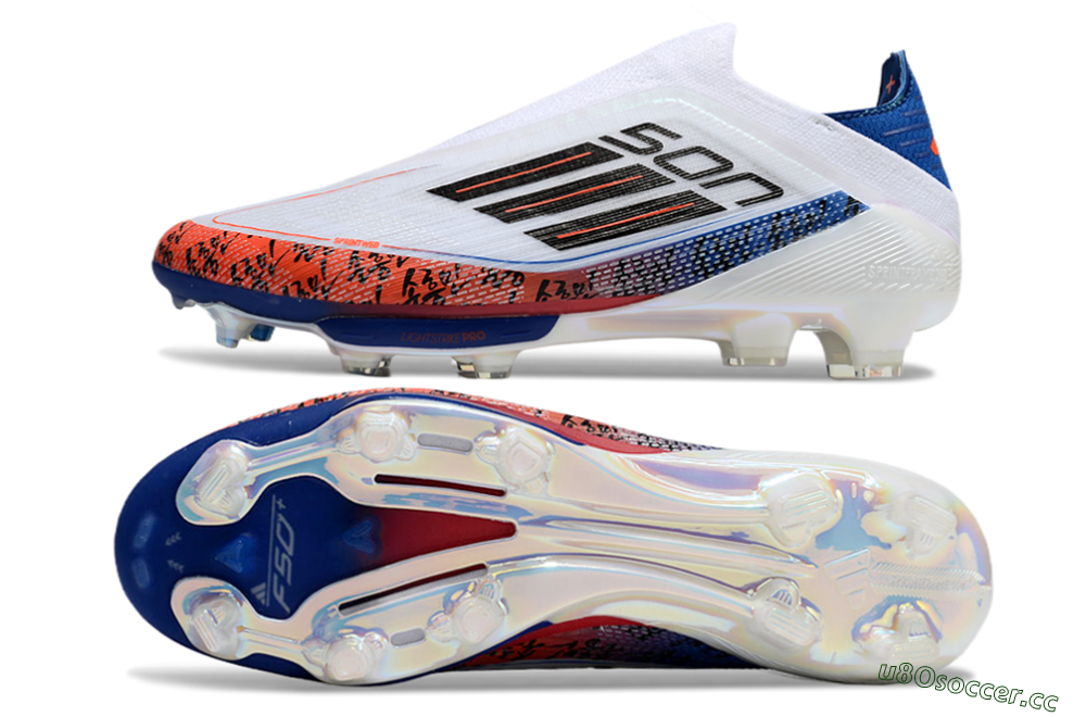 Men's Adidas F50 Elite Lightstrike Pro Laceless FG Firm Ground Low-Tops Football Boots - White/Orange/Blue 1