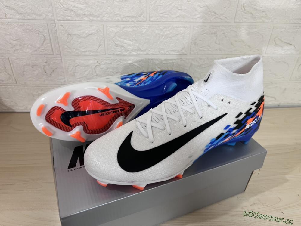 Unisex Nike Air Zoom Mercurial Superfly 10 Elite FG Firm Ground High-Tops Football Boots - White/Blue/Orange