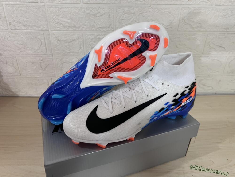 Unisex Nike Air Zoom Mercurial Superfly 10 Elite FG Firm Ground High-Tops Football Boots - White/Blue/Orange