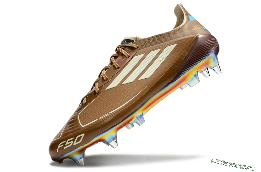 Men's Messi x Adidas F50 Elite SG Soft Ground Low-Tops Football Boots - Brown/White/Blue 5