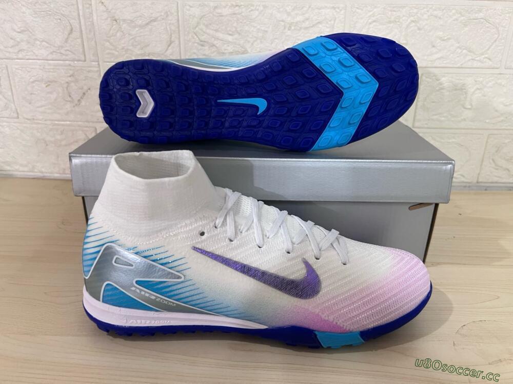 Unisex Nike Air Zoom Mercurial Superfly 10 Elite TF Artificial Turf High-Tops Football Shoes - White/Purple/Blue