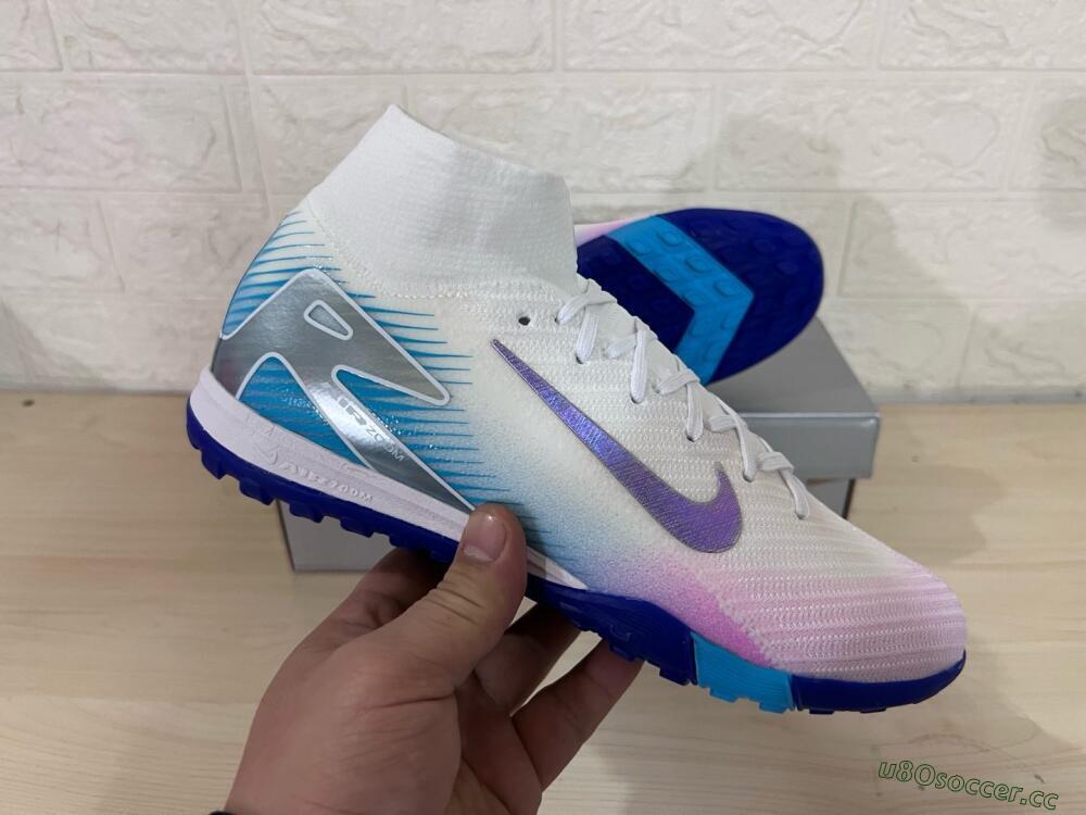 Unisex Nike Air Zoom Mercurial Superfly 10 Elite TF Artificial Turf High-Tops Football Shoes - White/Purple/Blue