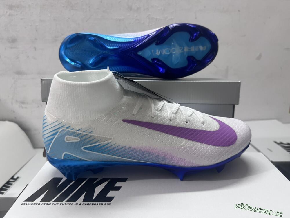 Unisex Nike Air Zoom Mercurial Superfly 10 Elite FG Firm Ground High-Tops Football Boots - White/Purple/Blue