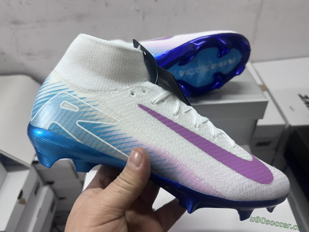 Unisex Nike Air Zoom Mercurial Superfly 10 Elite FG Firm Ground High-Tops Football Boots - White/Purple/Blue