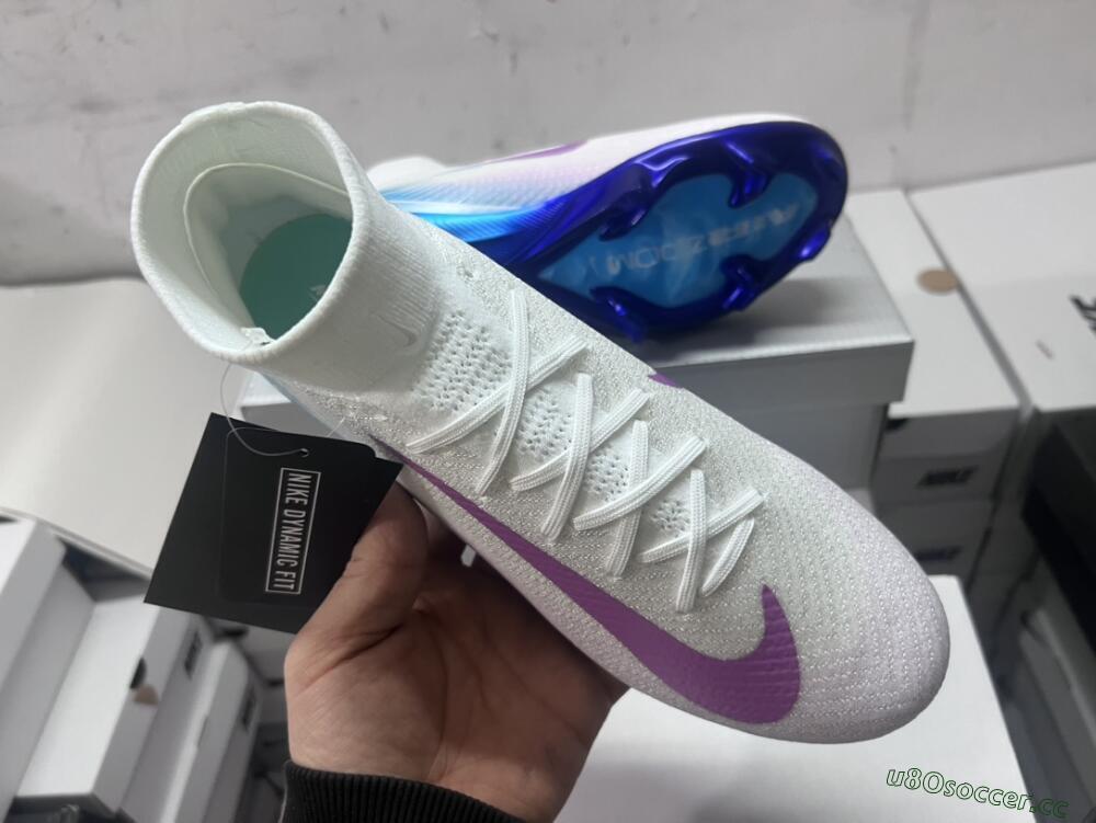 Unisex Nike Air Zoom Mercurial Superfly 10 Elite FG Firm Ground High-Tops Football Boots - White/Purple/Blue