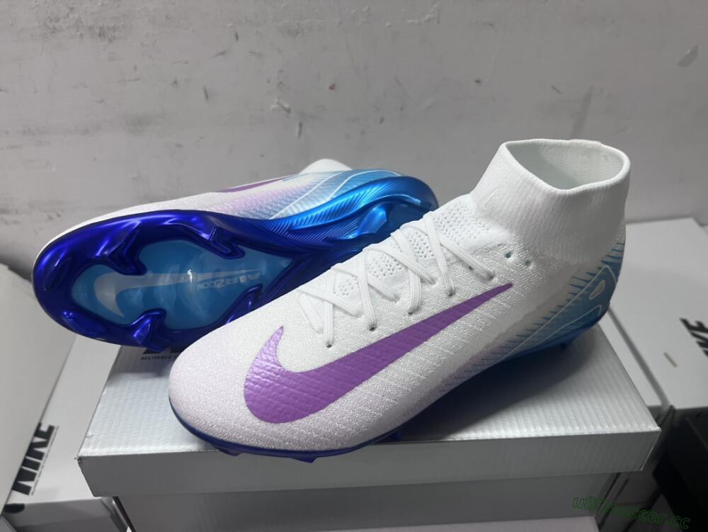 Unisex Nike Air Zoom Mercurial Superfly 10 Elite FG Firm Ground High-Tops Football Boots - White/Purple/Blue