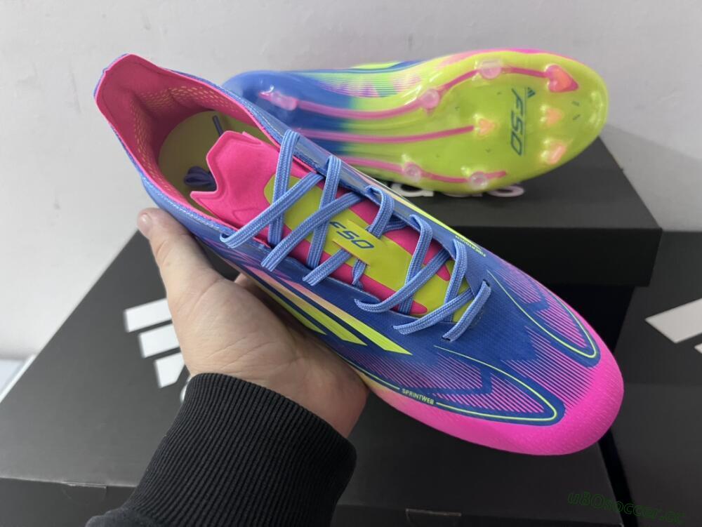 Men's Adidas F50 Elite TF Artificial Turf Low-Tops Football Shoes - Blue/Pink/Yellow