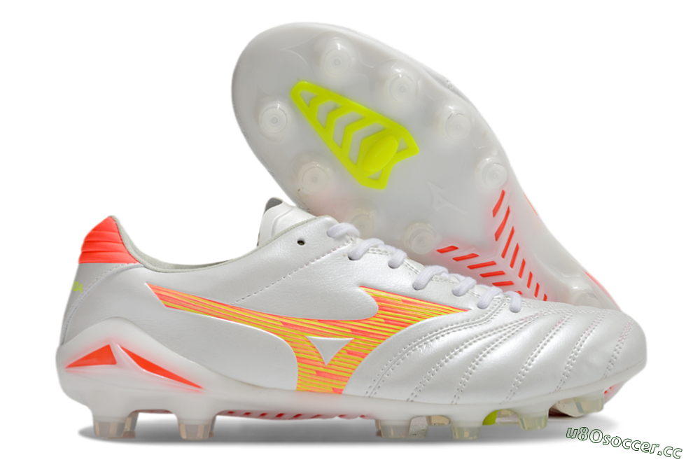 Men's Mizuno Morelia Neo 4 FG Firm Ground Low-Tops Football Boots - White/Red/Yellow 2