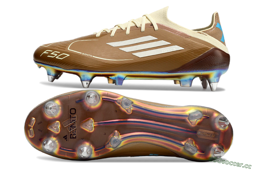 Men's Messi x Adidas F50 Elite Benito SG Soft Ground Low-Tops Football Boots - Brown/White/Blue 1