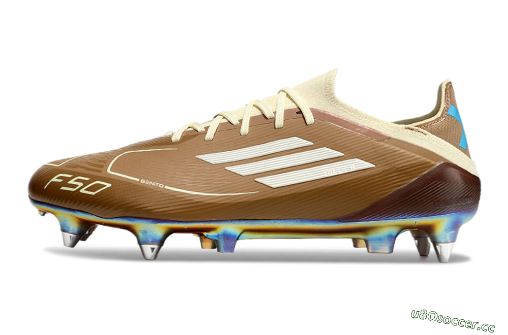 Men's Messi x Adidas F50 Elite Benito SG Soft Ground Low-Tops Football Boots - Brown/White/Blue 0