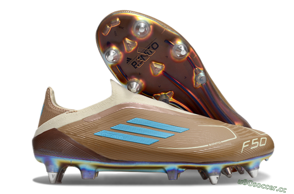 Men's Messi x Adidas F50 Elite Laceless Benito SG Soft Ground Low-Tops Football Boots - Brown/White/Blue 2