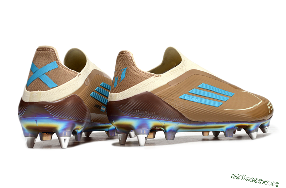 Men's Messi x Adidas F50 Elite Laceless Benito SG Soft Ground Low-Tops Football Boots - Brown/White/Blue 6