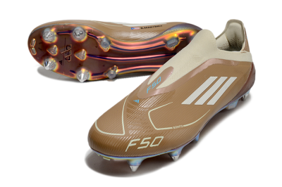 Men's Messi x Adidas F50 Elite Laceless Benito SG Soft Ground Low-Tops Football Boots - Brown/White/Blue