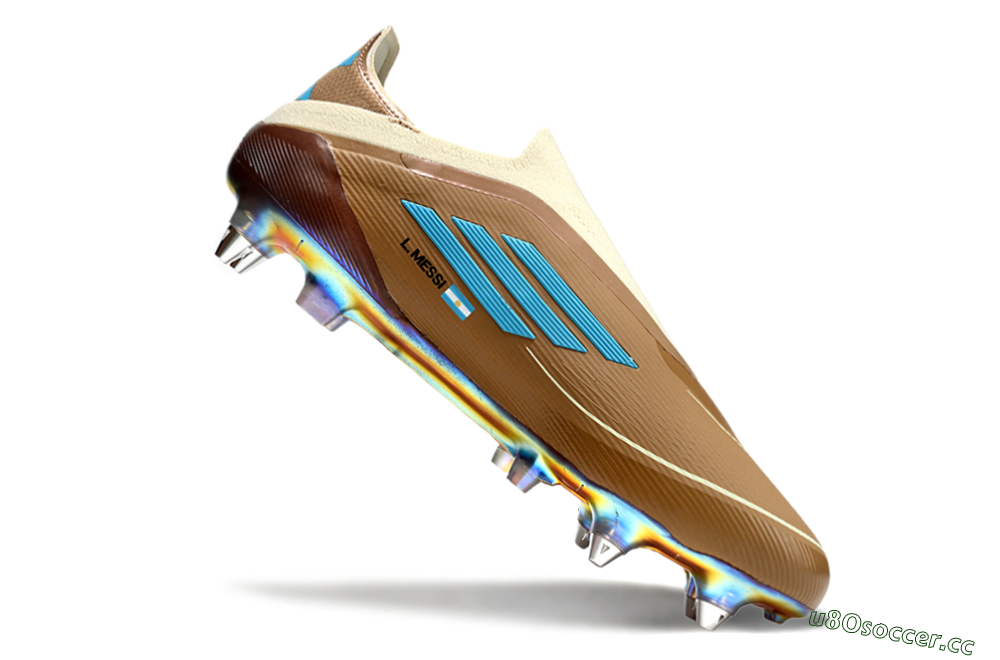 Men's Messi x Adidas F50 Elite Laceless Benito SG Soft Ground Low-Tops Football Boots - Brown/White/Blue 4