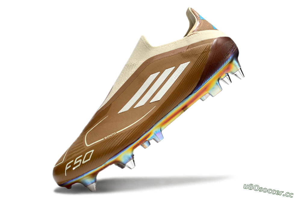 Men's Messi x Adidas F50 Elite Laceless Benito SG Soft Ground Low-Tops Football Boots - Brown/White/Blue 5
