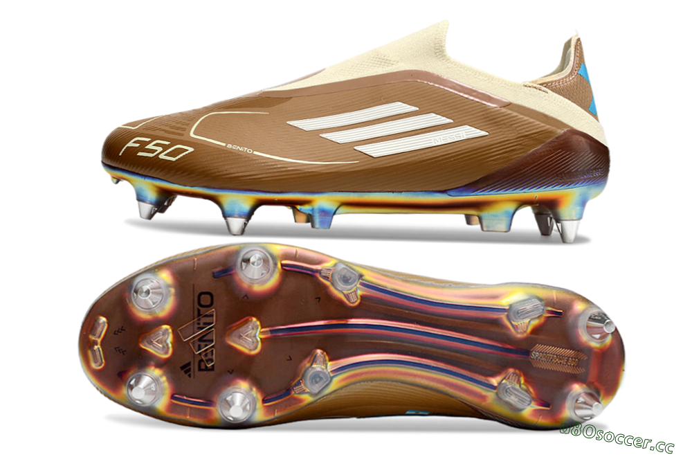 Men's Messi x Adidas F50 Elite Laceless Benito SG Soft Ground Low-Tops Football Boots - Brown/White/Blue 1