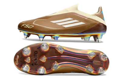 Men's Messi x Adidas F50 Elite Laceless Benito SG Soft Ground Low-Tops Football Boots - Brown/White/Blue