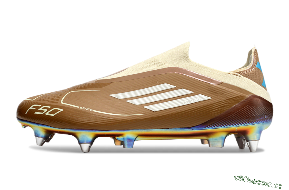 Men's Messi x Adidas F50 Elite Laceless Benito SG Soft Ground Low-Tops Football Boots - Brown/White/Blue 0