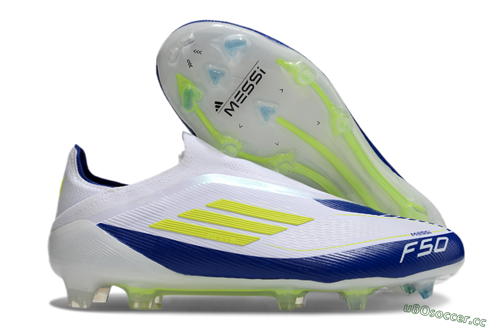 Men's Messi x Adidas F50 Elite Laceless FG Firm Ground Low-Tops Football Boots - White/Blue/Yellow 2