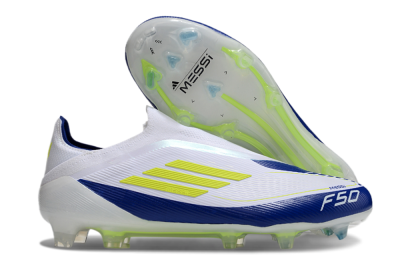 Men's Messi x Adidas F50 Elite Laceless FG Firm Ground Low-Tops Football Boots - White/Blue/Yellow
