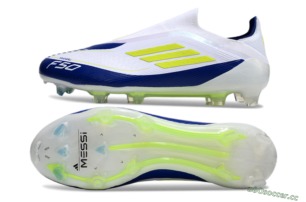 Men's Messi x Adidas F50 Elite Laceless FG Firm Ground Low-Tops Football Boots - White/Blue/Yellow 1