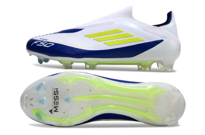 Men's Messi x Adidas F50 Elite Laceless FG Firm Ground Low-Tops Football Boots - White/Blue/Yellow
