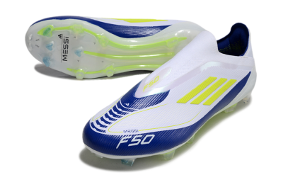 Men's Messi x Adidas F50 Elite Laceless FG Firm Ground Low-Tops Football Boots - White/Blue/Yellow