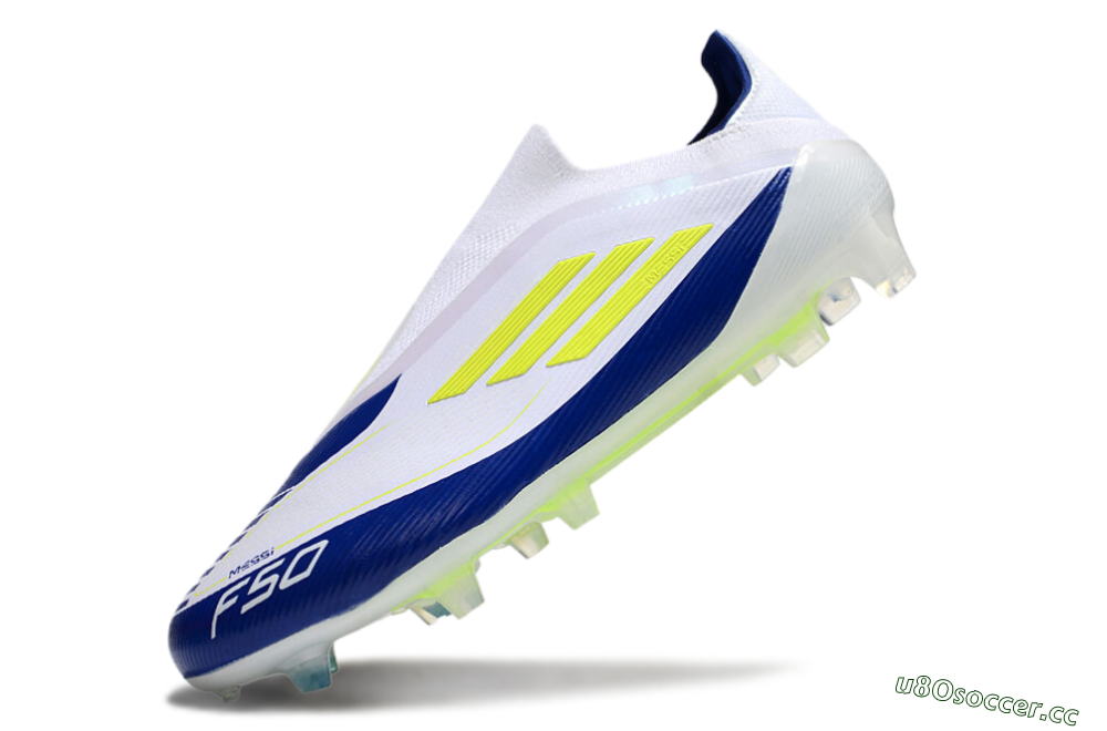 Men's Messi x Adidas F50 Elite Laceless FG Firm Ground Low-Tops Football Boots - White/Blue/Yellow 5