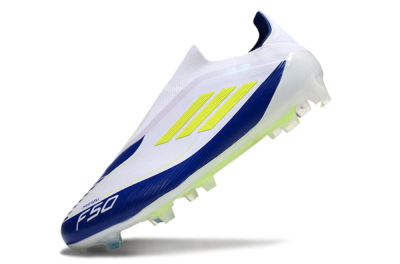 Men's Messi x Adidas F50 Elite Laceless FG Firm Ground Low-Tops Football Boots - White/Blue/Yellow