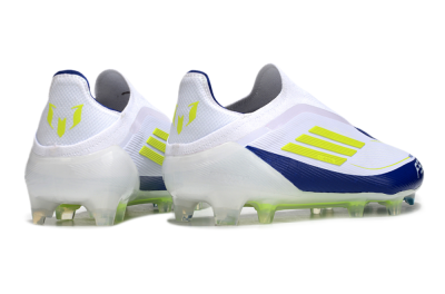 Men's Messi x Adidas F50 Elite Laceless FG Firm Ground Low-Tops Football Boots - White/Blue/Yellow