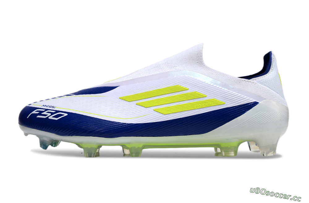 Men's Messi x Adidas F50 Elite Laceless FG Firm Ground Low-Tops Football Boots - White/Blue/Yellow 0