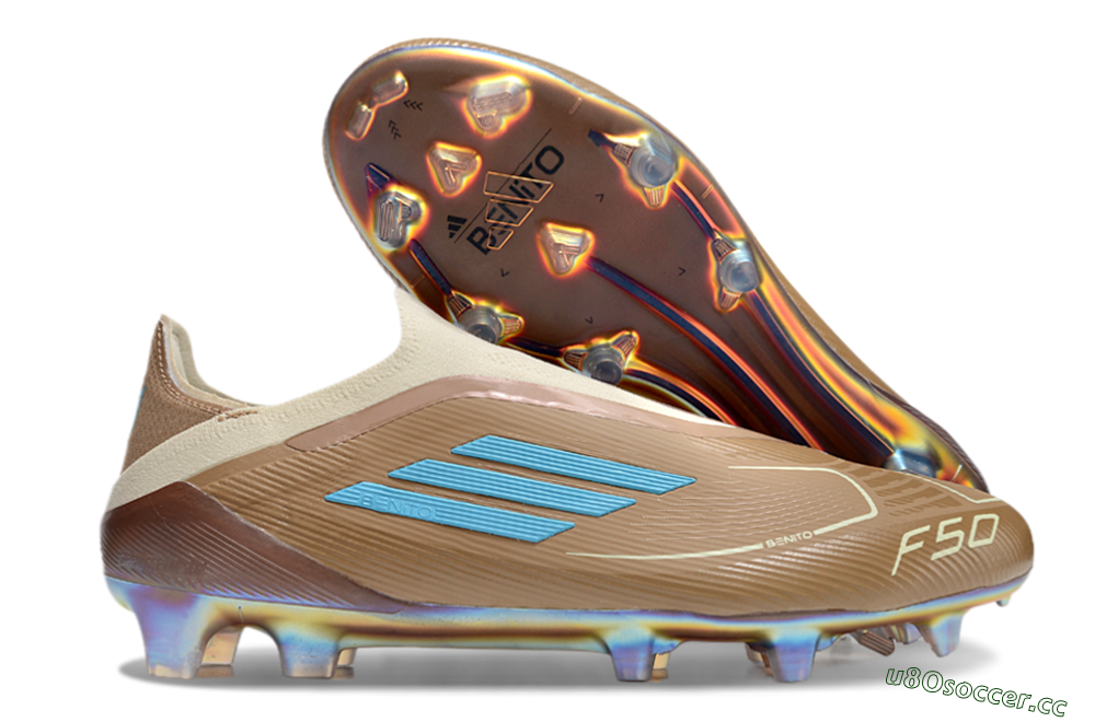 Men's Messi x Adidas F50 Elite Laceless Benito FG Firm Ground Low-Tops Football Boots - Brown/White/Blue 2