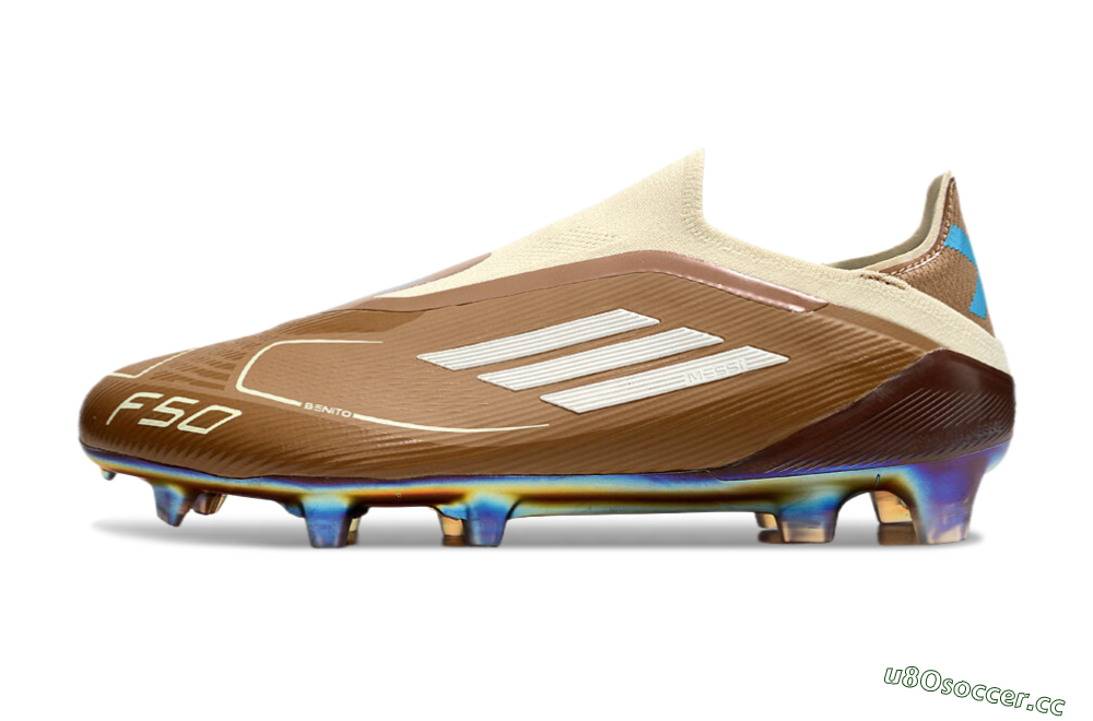 Men's Messi x Adidas F50 Elite Laceless Benito FG Firm Ground Low-Tops Football Boots - Brown/White/Blue 0