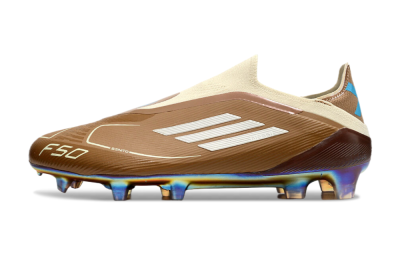 Men's Messi x Adidas F50 Elite Laceless Benito FG Firm Ground Low-Tops Football Boots - Brown/White/Blue