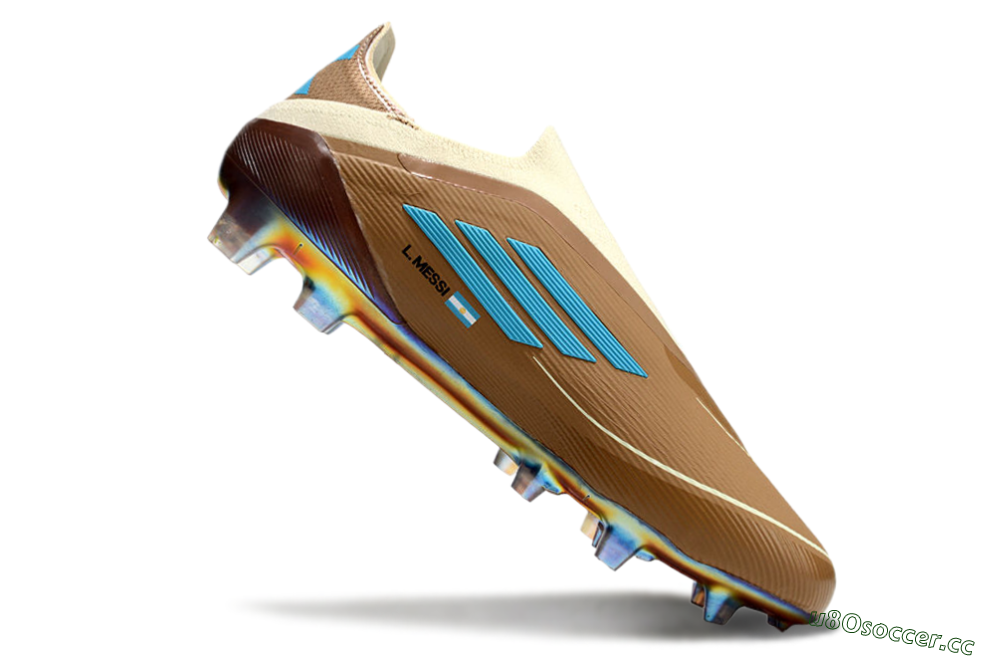 Men's Messi x Adidas F50 Elite Laceless Benito FG Firm Ground Low-Tops Football Boots - Brown/White/Blue 4