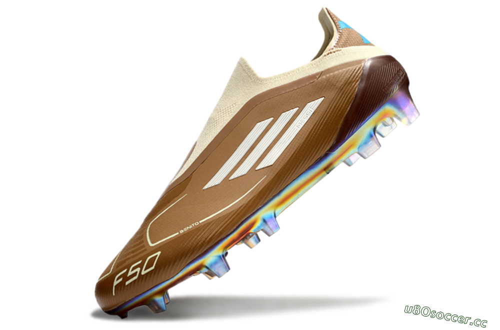 Men's Messi x Adidas F50 Elite Laceless Benito FG Firm Ground Low-Tops Football Boots - Brown/White/Blue 5
